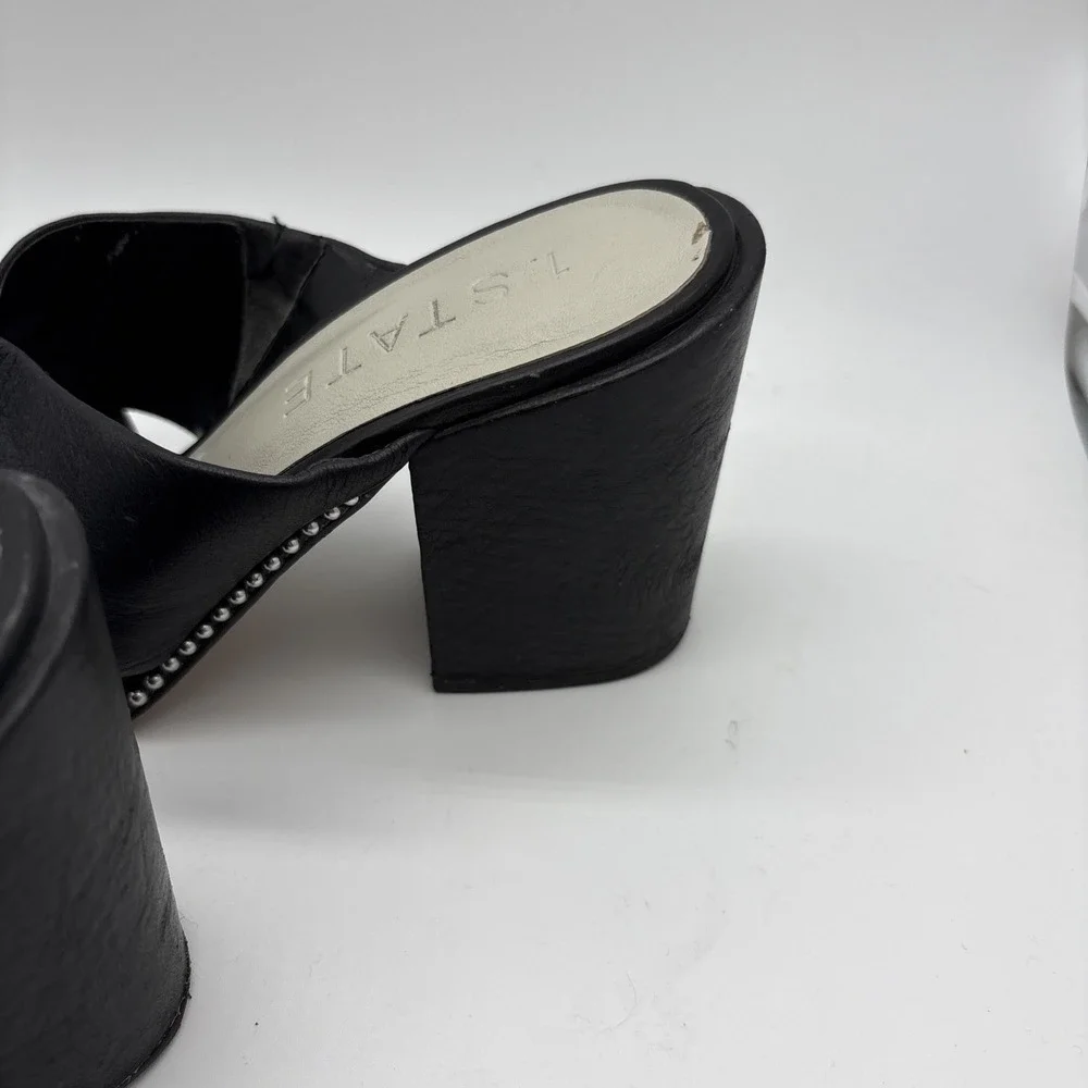 1 State Black Leather Strappy Chunky Square Toe Embellished Mule,8M